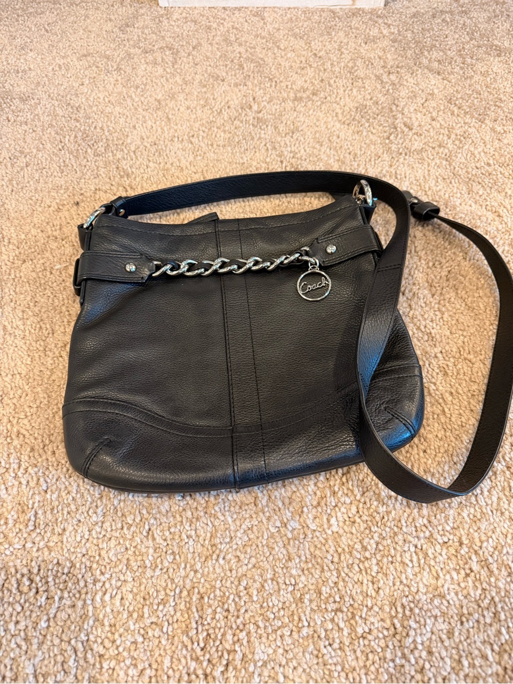 Coach Black Leather Crossbody Bag with Silver Chain Accent